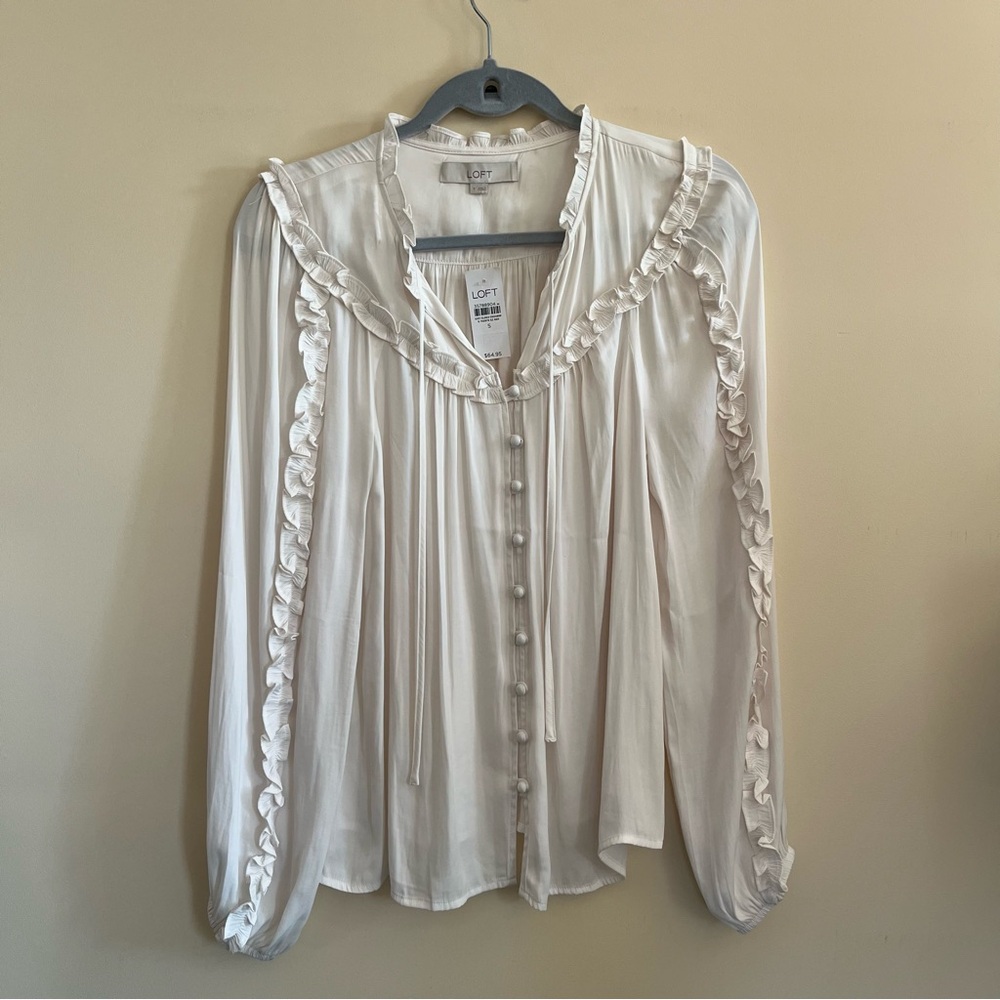 NWT LOFT Women's Ivory Ruffle Button-Down Blouse